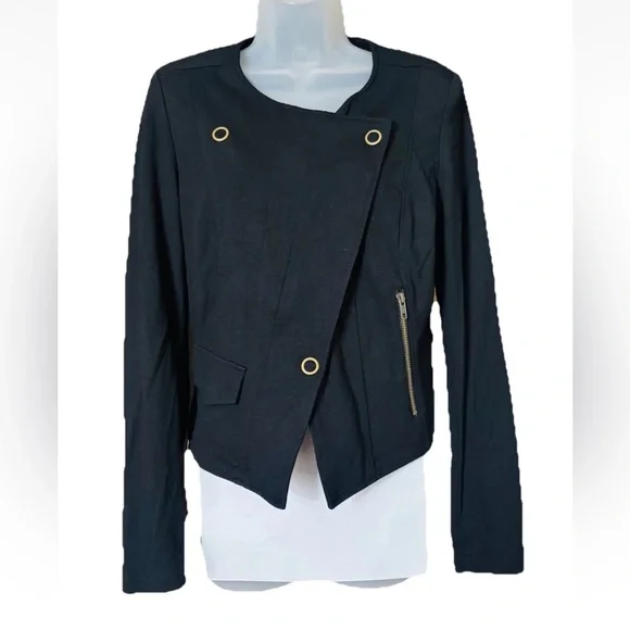 CAbi #615 Moto Blazer Jacket Womens Size S Black Ponte Knit Asymmetrical Zip - Picture 1 of 11